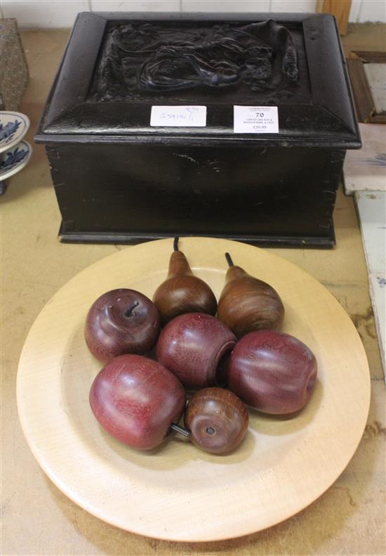 Carved oak box & wooden bowl & fruit